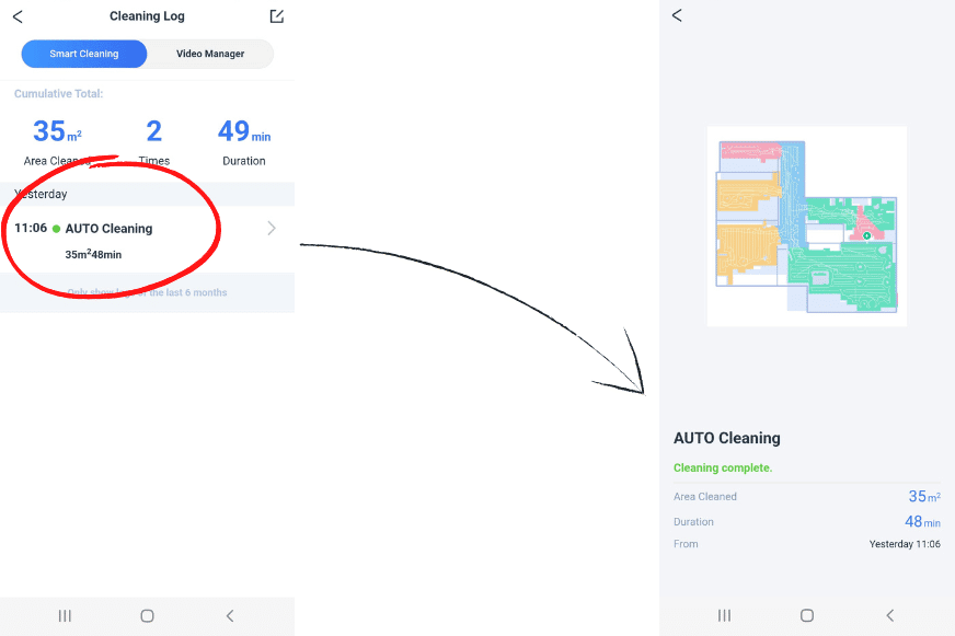 Die Reinigungshistorie des Ecovacs Deebot X1 Turbo wird in der App eingesehen